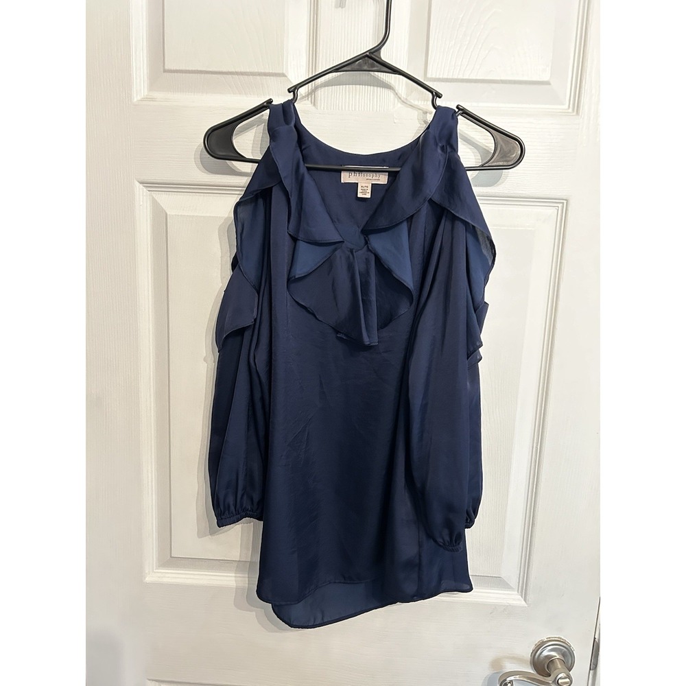 philosophy republic clothing XL blouse‎ long sleeve shoulder slits ruffles navy